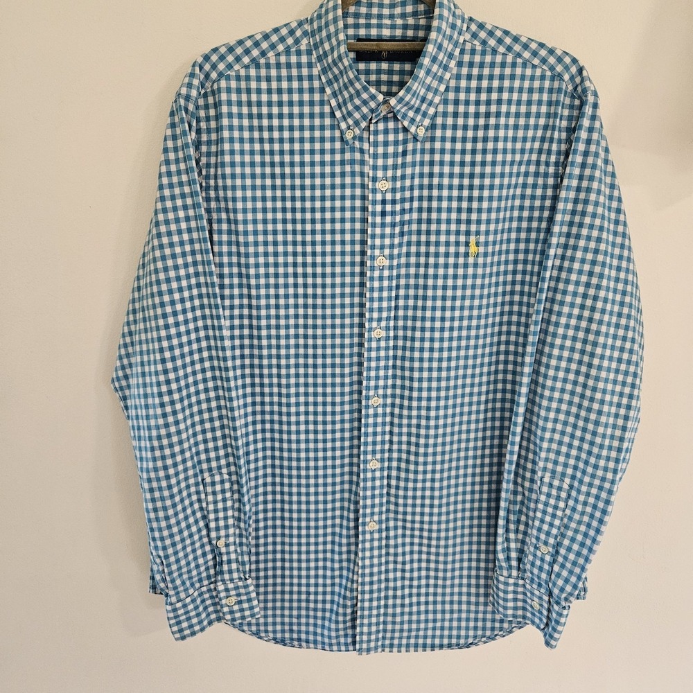 Ralph Lauren Men L Blue Gingham Plaid Long Sleeve‎ Button Down Shirt Yellow Pony